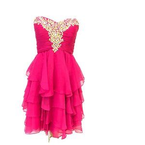 Coya Collection Hot Pink Strapless Dress size S Beaded Ruffle Layers Tiered BO